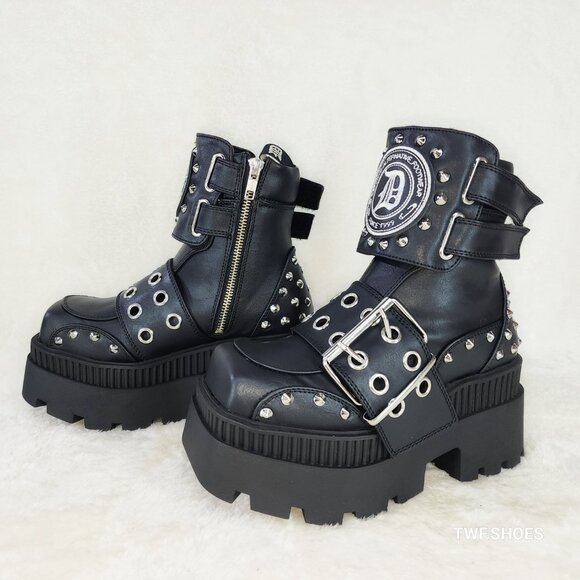 Wicked Wrath 58 Square Toe Goth Lace Up Big Buckle Strap Ankle Boots - Picture 10 of 13